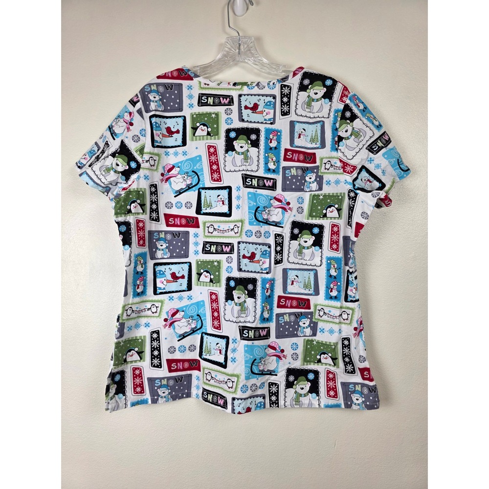 SB Scrubs Scrub Top Womens M Multicolor Winter Snowman Penguin Christmas Holiday - Picture 7 of 10